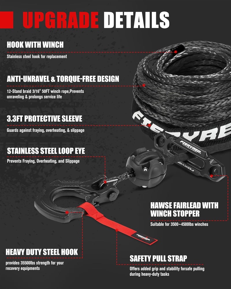 FIERYRED 3/16inch 50FT 8500LBS Synthetic Winch Rope Cable Kit with Forged Hook Rubber Stopper and Fairlead,Winch Line Replacement for 2000-3500LBS Winch, ATV, UTV, Offroad - Image 4